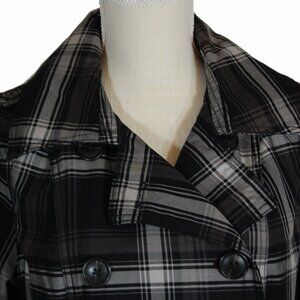 Merona Womens Trench Coat Jacket Black Gray Windowpane Plaid Long Size Medium